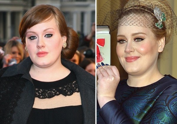 Adele antes e depois de sobrancelhas bold