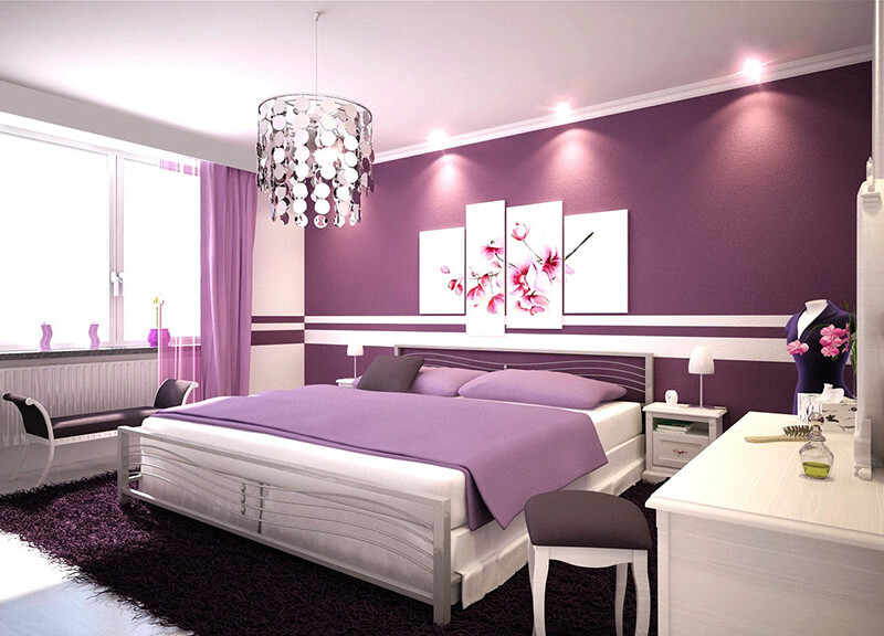Quarto decorado com a cor roxa para ilustrar o artigo Como escolher a melhor cor para o quarto