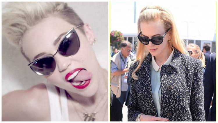 Miley Cyrus e Nicole Kidman usando óculos de sol modelo gatinho