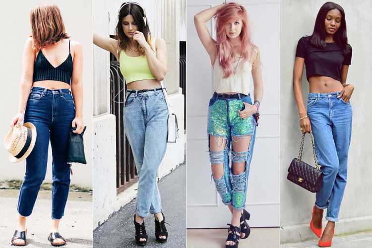 Mom jeans + top cropped é uma das ideias de look para usar numa festa a noite