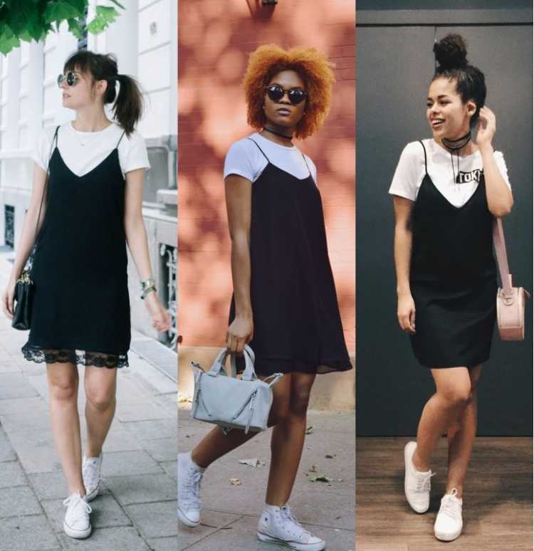 Sobreposição de vestido de alcinha com camiseta branca é uma das inspirações de look estiloso e fresco para o verão 2019
